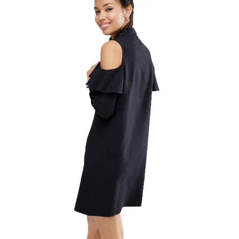 Off Shoulder Long Shirt Dress Black Turn Down Collar Ruffle Button Up Women Dress Long Sleeve Loose Robe Femme S-Xl 4