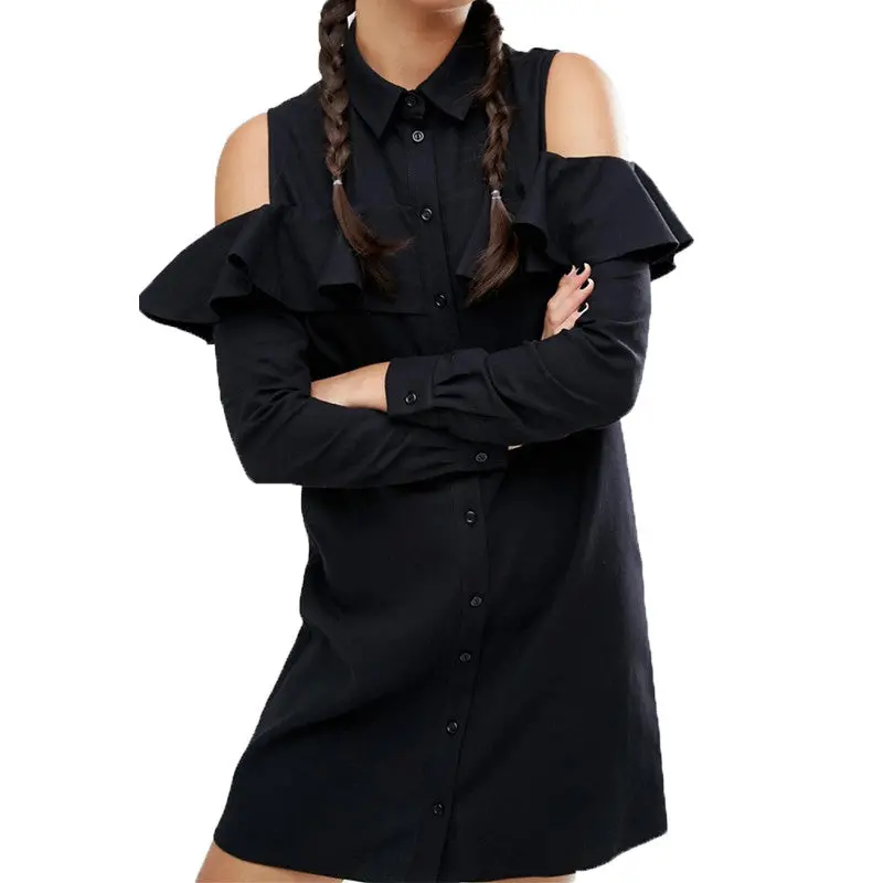 Off Shoulder Long Shirt Dress Black Turn Down Collar Ruffle Button Up Women Dress Long Sleeve Loose Robe Femme S-Xl 5