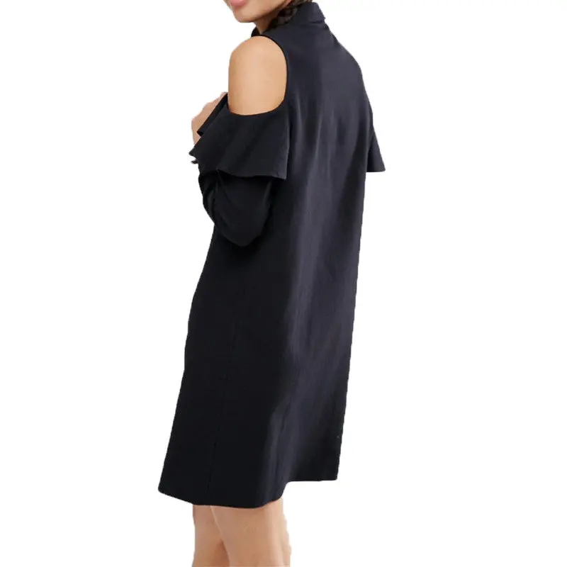 Off Shoulder Long Shirt Dress Black Turn Down Collar Ruffle Button Up Women Dress Long Sleeve Loose Robe Femme S-Xl 6