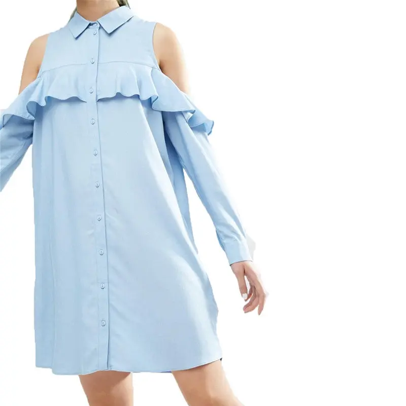 Off Shoulder Long Shirt Dress Black Turn Down Collar Ruffle Button Up Women Dress Long Sleeve Loose Robe Femme S-Xl 8