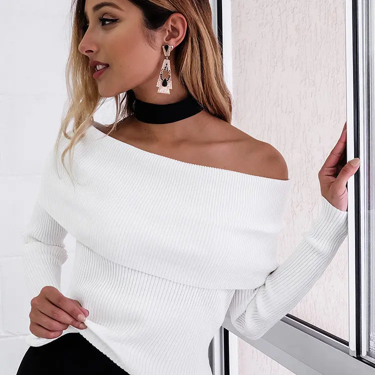 Off-Shoulder Long-Sleeve Pullover – Solid Color Sweater in Five Versatile Shades
