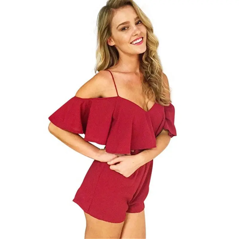 Off-Shoulder Ruffle Jumpsuit – High-Waist V-Neck Romper with Elegant Drape