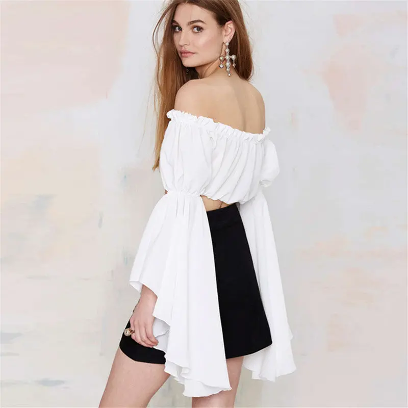 Off Shoulder Ruffle Top Flare Sleeve Chiffon Women Blouse Sexy Crop Top White Slash Neck Women Shirts 2