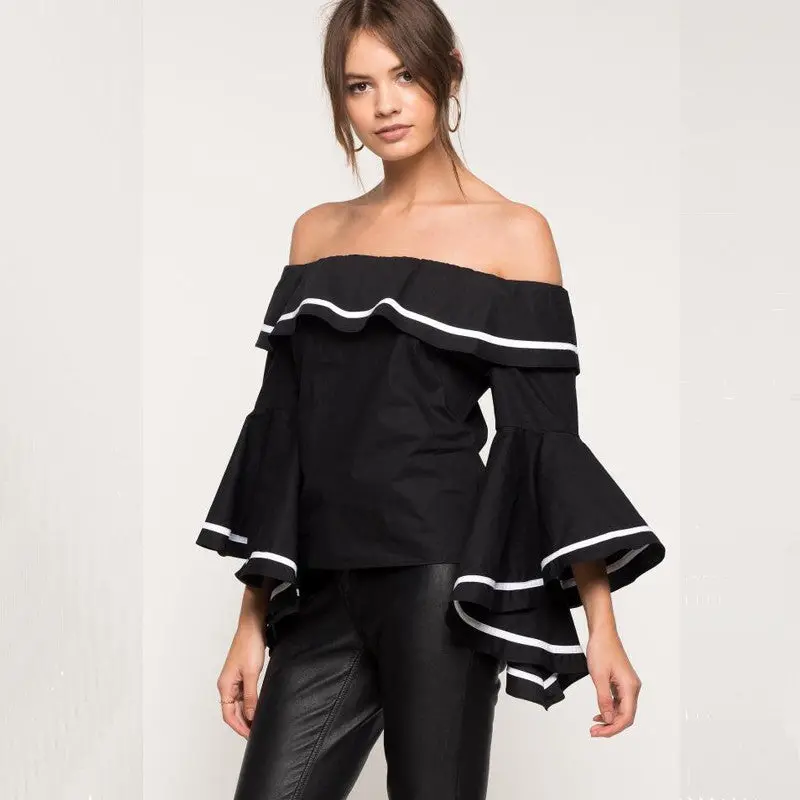 Off Shoulder Ruffle Top Flare Sleeve Women Blouses And Shirts Sexy Tunic Top Slash Neck Ruffle Blouse White Black Red 1