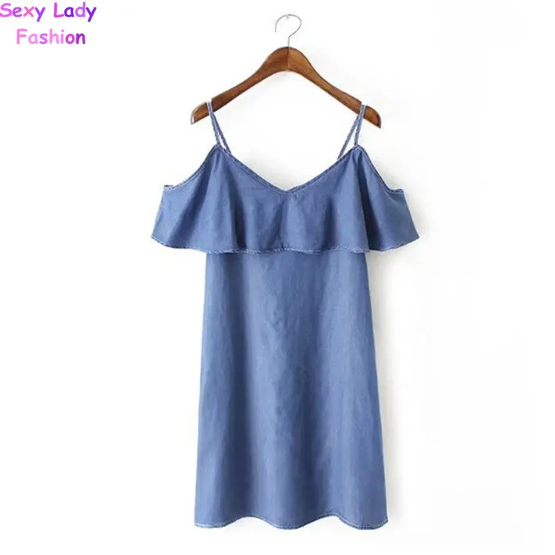 Off Shoulder Ruffles Spaghetti Strap Denim Dress Women Ruffled Shoulderless Sling Short Sleeve Dresses S M L 2