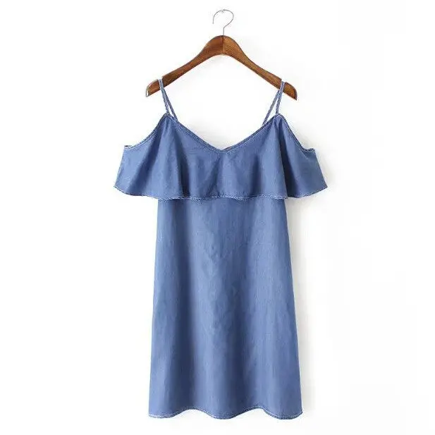Off Shoulder Ruffles Spaghetti Strap Denim Dress Women Ruffled Shoulderless Sling Short Sleeve Dresses S M L 3