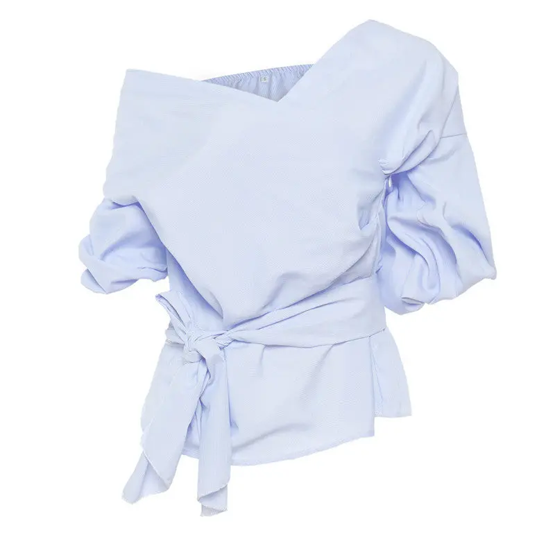 Off Shoulder Shirts Women Three Quarter Lantern Sleeve Women Tops Sexy Deep V Neck Women Blouses With Belt 1