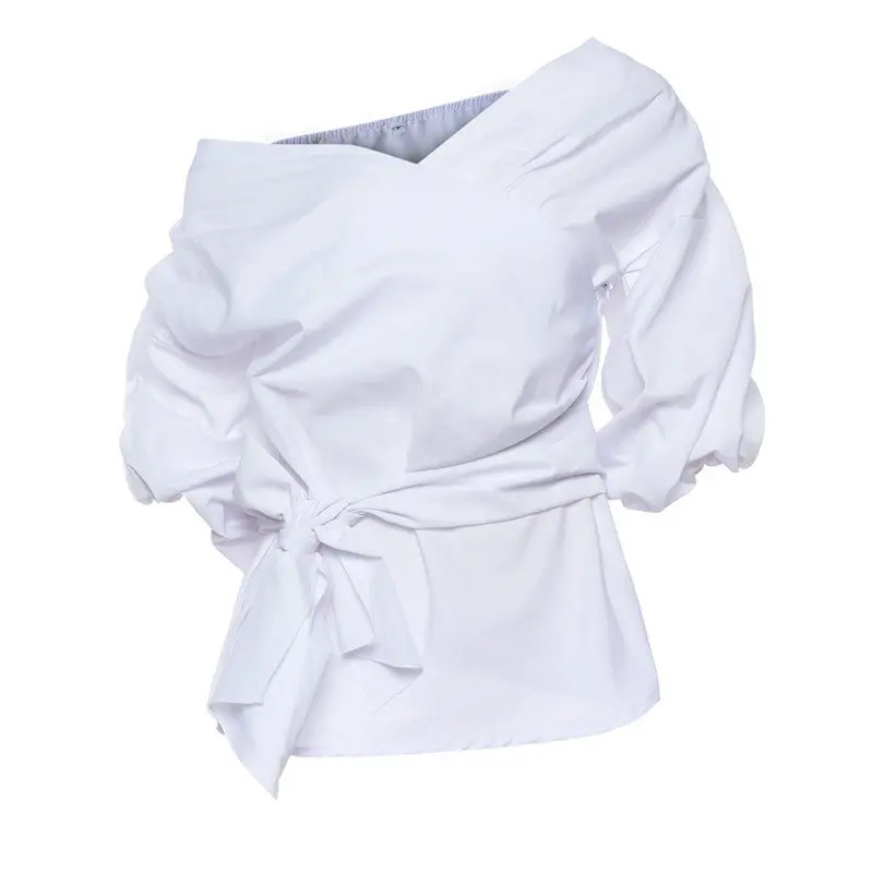 Off Shoulder Shirts Women Three Quarter Lantern Sleeve Women Tops Sexy Deep V Neck Women Blouses With Belt 5