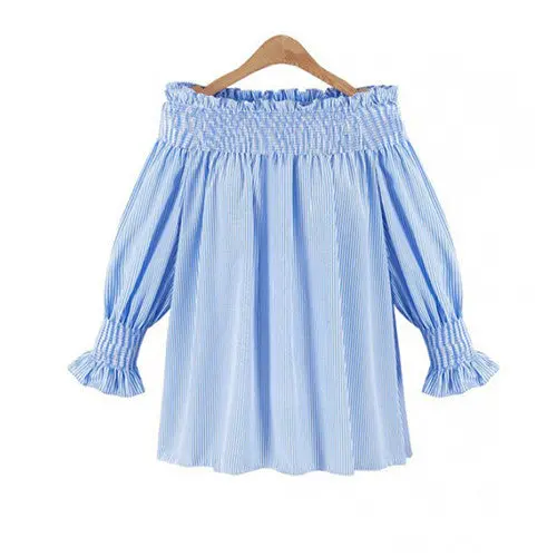 Off Shoulder Striped Blouses Loose Women Tops Slash Neck Lantern Sleeve Shirts Women Plus Size Women Clothing 1