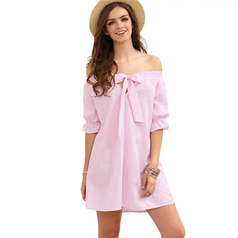 Off-Shoulder Striped Casual Dress – Vertical Stripe Beach Dress with Bow Detail