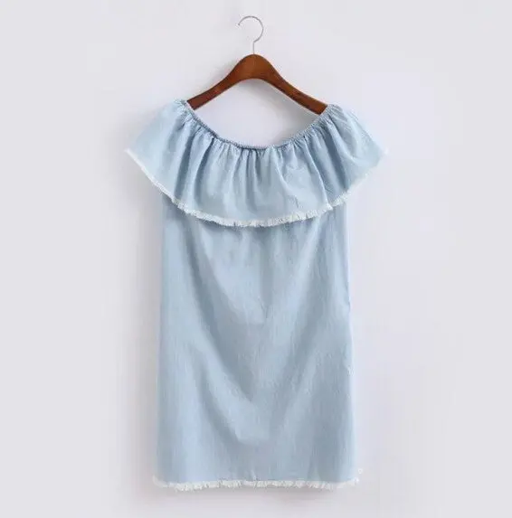 Off Shoulder Tassels Ruffles Denim Dress Women Slash Neck Ruffled Shoulderless Fringed Short Sleeve Dresses S M L 1
