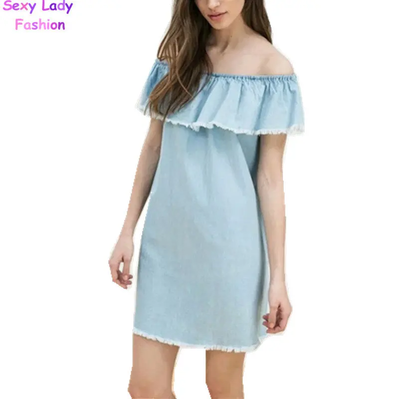 Off Shoulder Tassels Ruffles Denim Dress Women Slash Neck Ruffled Shoulderless Fringed Short Sleeve Dresses S M L 2
