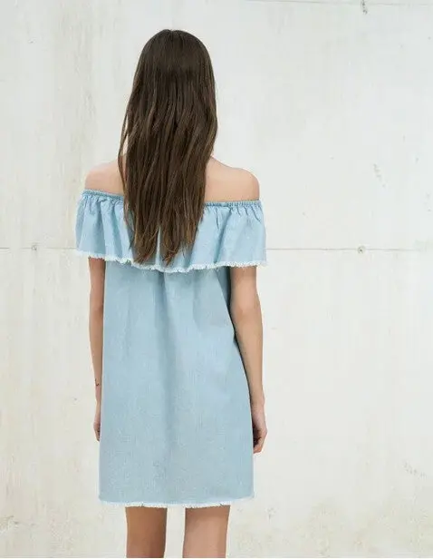 Off Shoulder Tassels Ruffles Denim Dress Women Slash Neck Ruffled Shoulderless Fringed Short Sleeve Dresses S M L 3