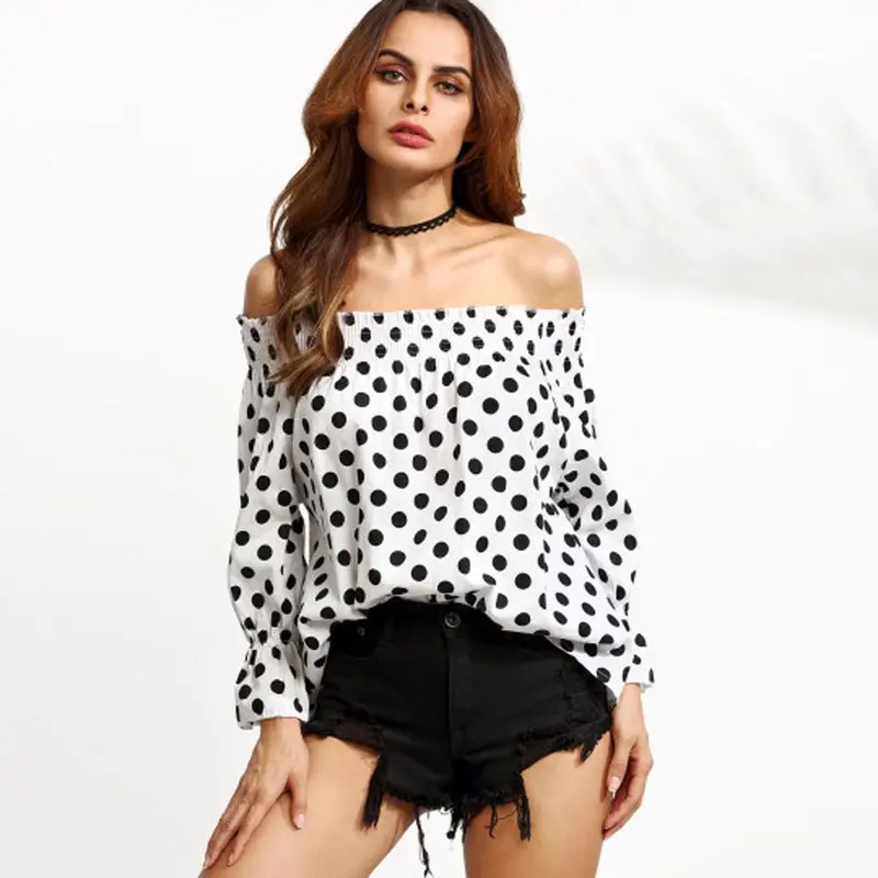 Off Shoulder Women Blouses Sexy Long Sleeve Chiffon Polka Dot Plus Size Ladies Blouse Casual Tops Clothing Shirt 1