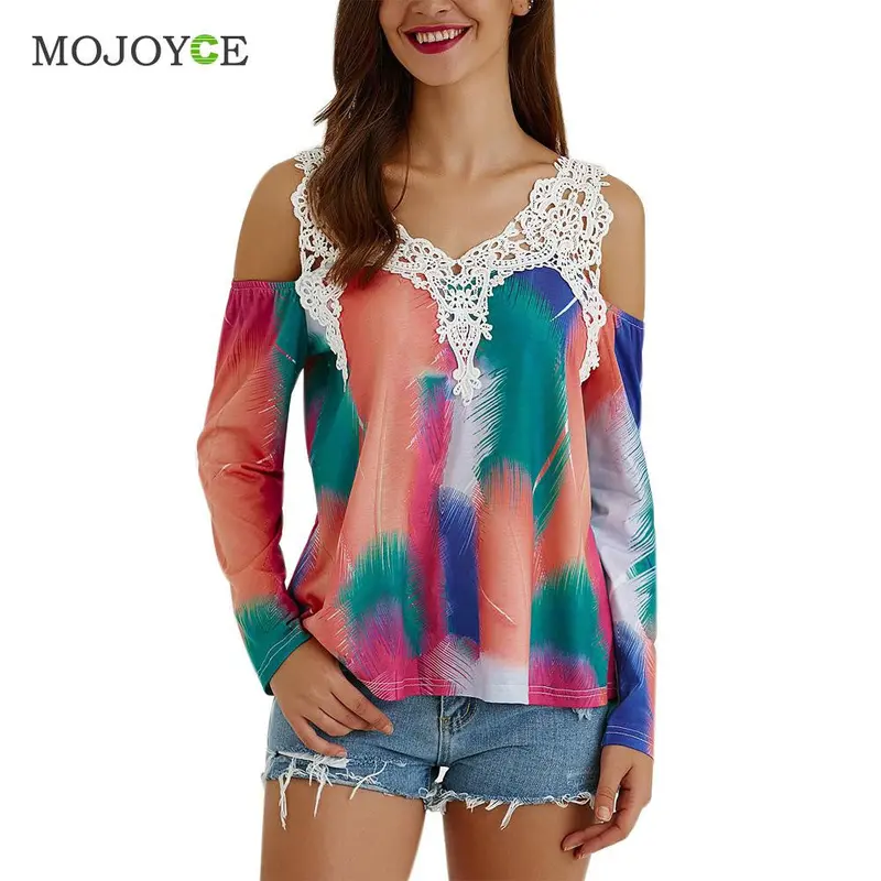 Off Shoulder Women Blouses Tie Dye Cut Out Lace Splicing Long Sleeve Shirt Women Print Blusa Women Tops Blusas Femininas 1