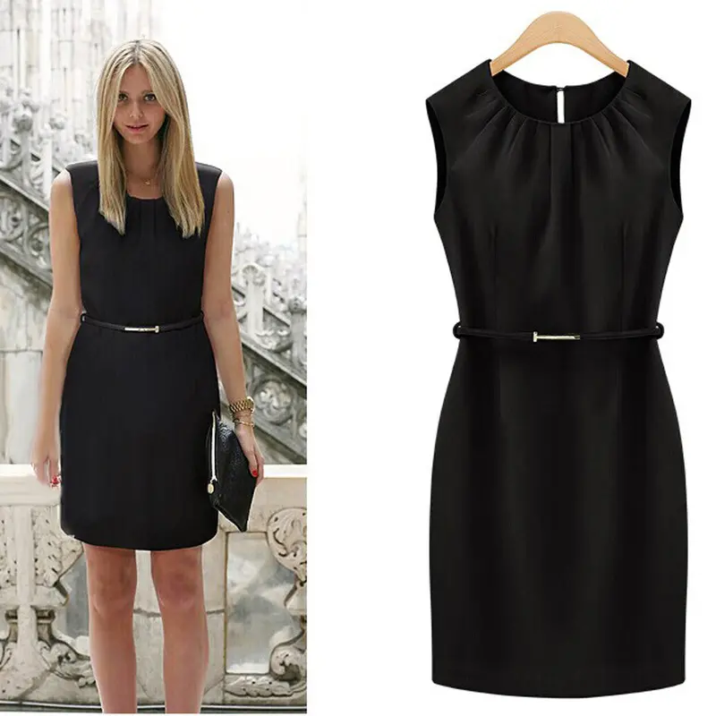 Office Dress Black One Buckle Slim Short Paragraph Sleeveless Dress Vestidos De Fiesta 1