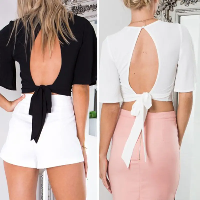 Ol Style Blouse Sexy Backless Back Bowknot Blusas Half Sleeve Elegant Women Blouses Tops Chiffon Shirt Women Blusa Feminino 5