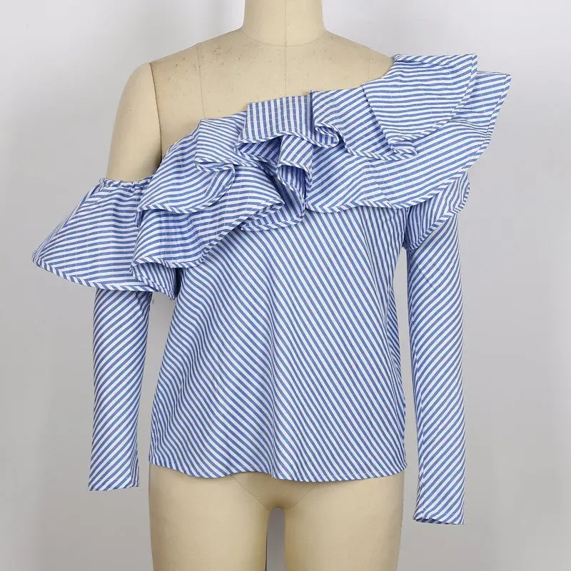 One Shoulder Ruffle Blouses And Shirts Women Elegant Blue Striped Off Shoulder Tops Shirt Long Sleeve Ruffle Top 1