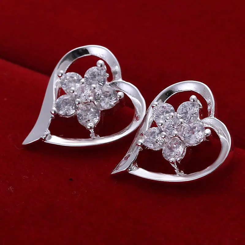 Online Shopping India Silver Plated Earring Insets Heart Flower Stud Orecchini Jewelry European Style 1