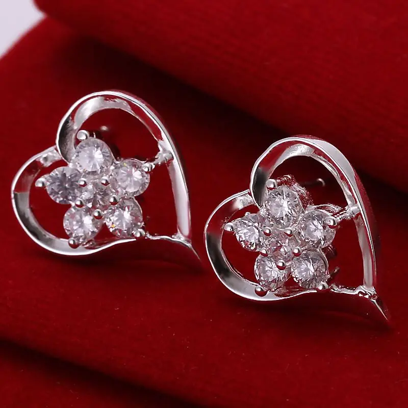 Online Shopping India Silver Plated Earring Insets Heart Flower Stud Orecchini Jewelry European Style 2