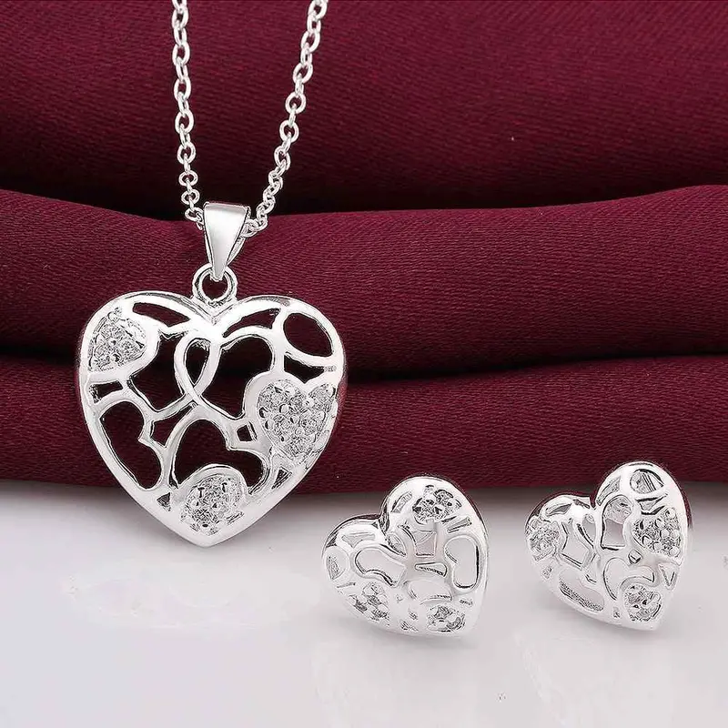 Online Shopping India Silver Plated Jewelry Set Heart Hollow Web N+E Love 1