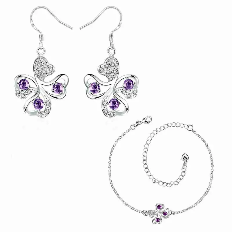 Online Shopping India Silver Plated Jewelry Set Quatrefoil Rhinestone Necklace+Earrings Sets19 14