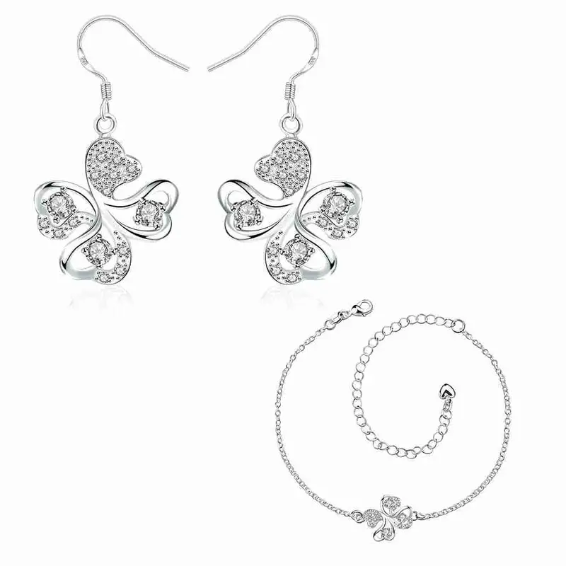 Online Shopping India Silver Plated Jewelry Set Quatrefoil Rhinestone Necklace+Earrings Sets19 15