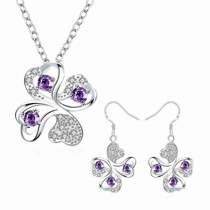Online Shopping India Silver Plated Jewelry Set Quatrefoil Rhinestone Necklace+Earrings Sets19 2
