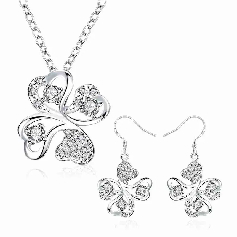 Online Shopping India Silver Plated Jewelry Set Quatrefoil Rhinestone Necklace+Earrings Sets19 3