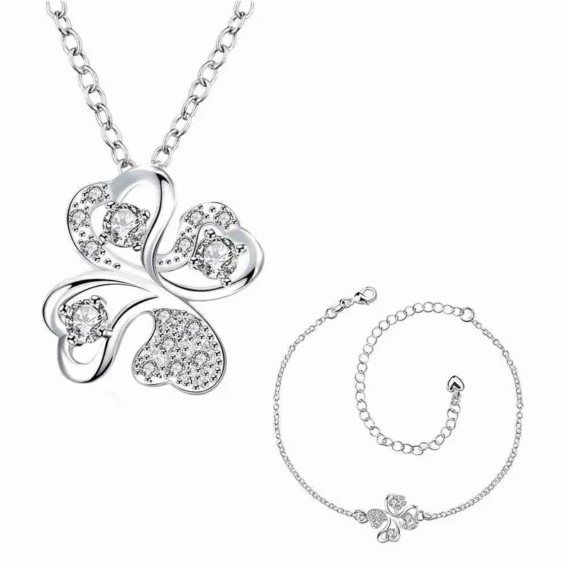 Online Shopping India Silver Plated Jewelry Set Quatrefoil Rhinestone Necklace+Earrings Sets19 6