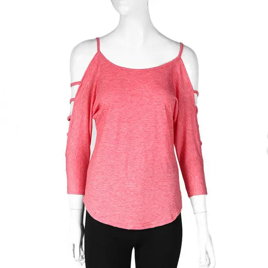 Open Shoulder Round Neck Middle Sleeve Tops Shirt With Pinkgreyjeans Blueblue Color 1