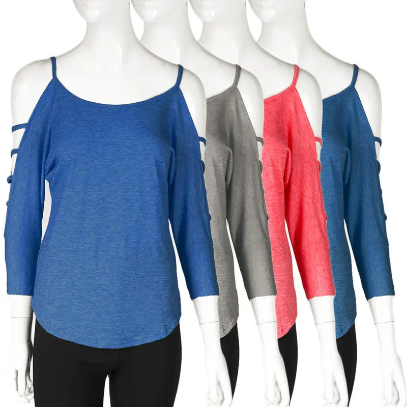 Open Shoulder Round Neck Middle Sleeve Tops Shirt With Pinkgreyjeans Blueblue Color 10