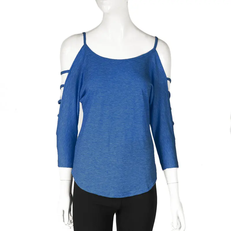 Open Shoulder Round Neck Middle Sleeve Tops Shirt With Pinkgreyjeans Blueblue Color 5