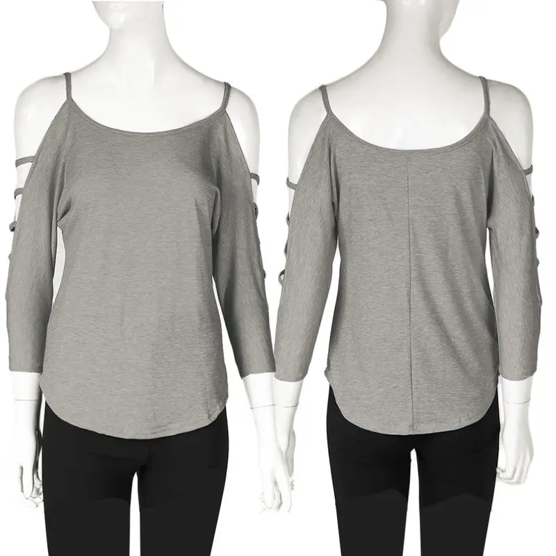 Open Shoulder Round Neck Middle Sleeve Tops Shirt With Pinkgreyjeans Blueblue Color 6
