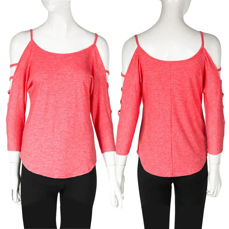 Open Shoulder Round Neck Middle Sleeve Tops Shirt With Pinkgreyjeans Blueblue Color 7