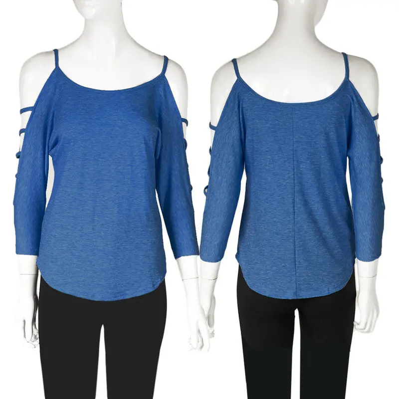Open Shoulder Round Neck Middle Sleeve Tops Shirt With Pinkgreyjeans Blueblue Color 8