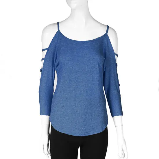 Open Shoulder Round Neck Middle Sleeve Tops Shirt With Pinkgreyjeans Blueblue Color 9