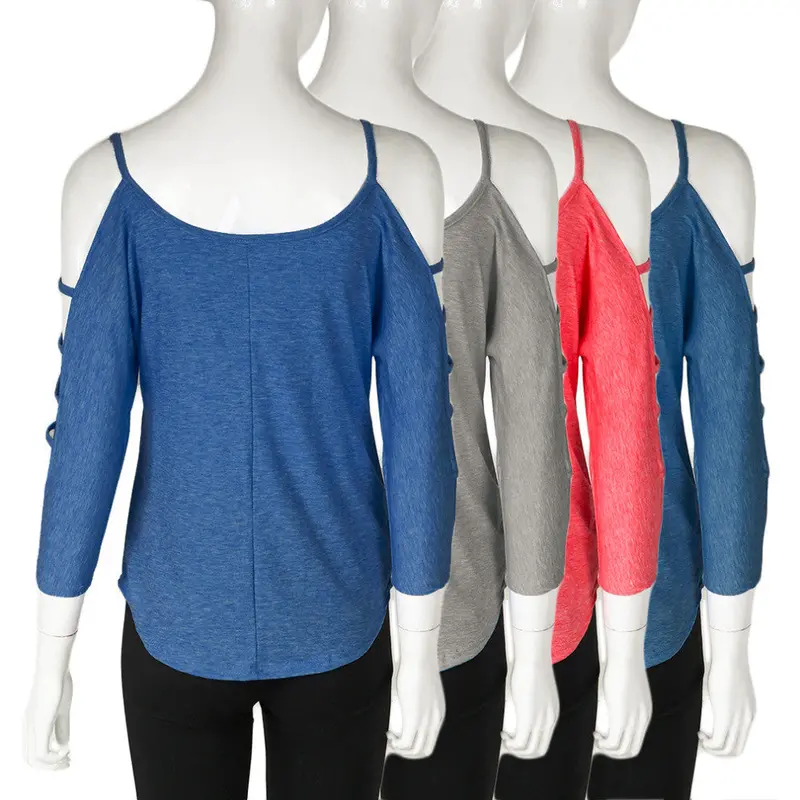 Open Shoulder Round Neck Middle Sleeve Tops Shirt With Pinkgreyjeans Blueblue Color 9