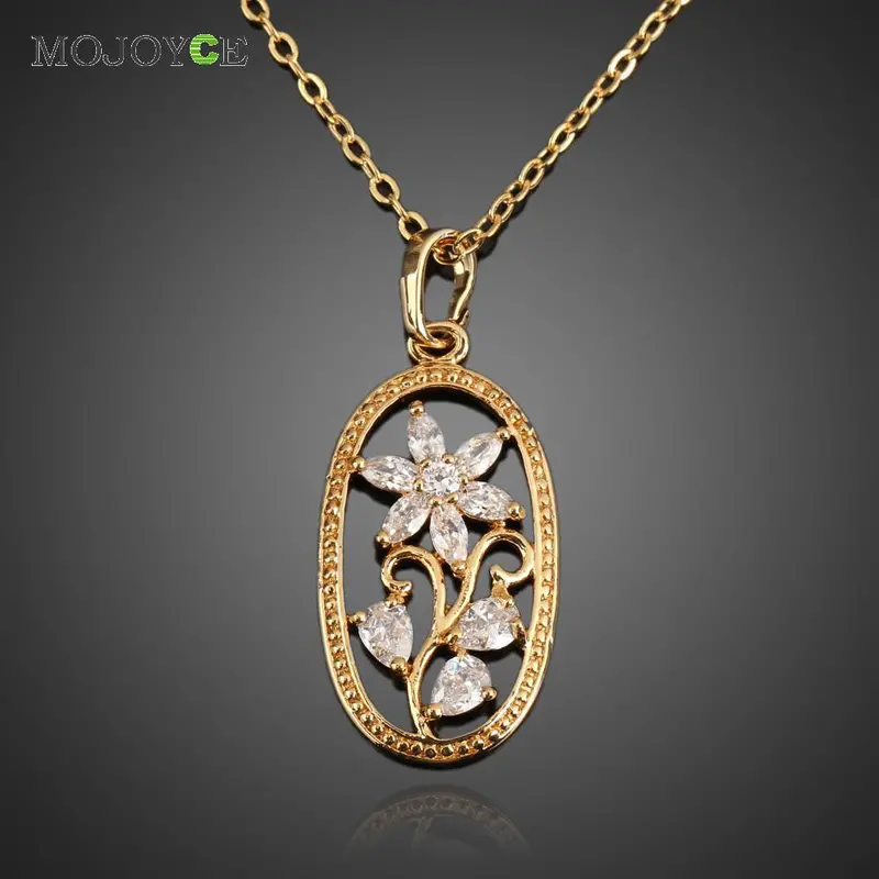 Oval Flower Necklace Woman Diamante Pendant Chain Jewelry Gold Filled 2