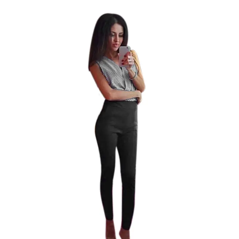 Overalls Women Elegant V-Neck Wave Point Stitching Black Jumpsuit Combishort Body Suit Feida 1