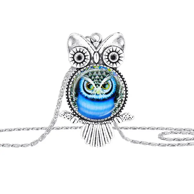 Owl Pendant Necklace Jewelry Vintage Glass Cabochon Necklace 1