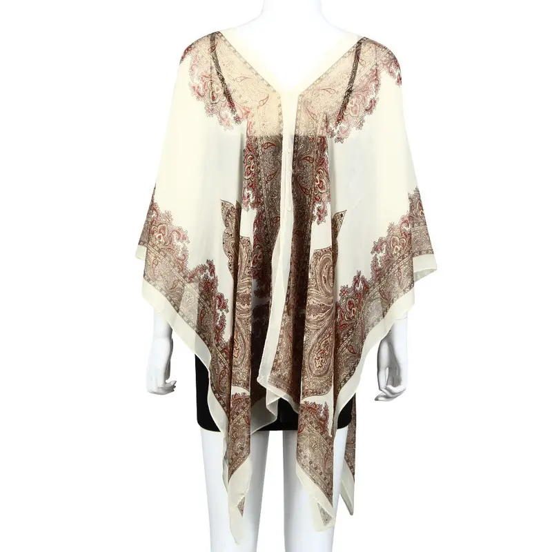 Paisley Print Chiffon Blouse Women Blusas Beachwear Poncho Blouse Cover Up Kimono Tops Blusa Feminino Chiffon Poncho Top 5