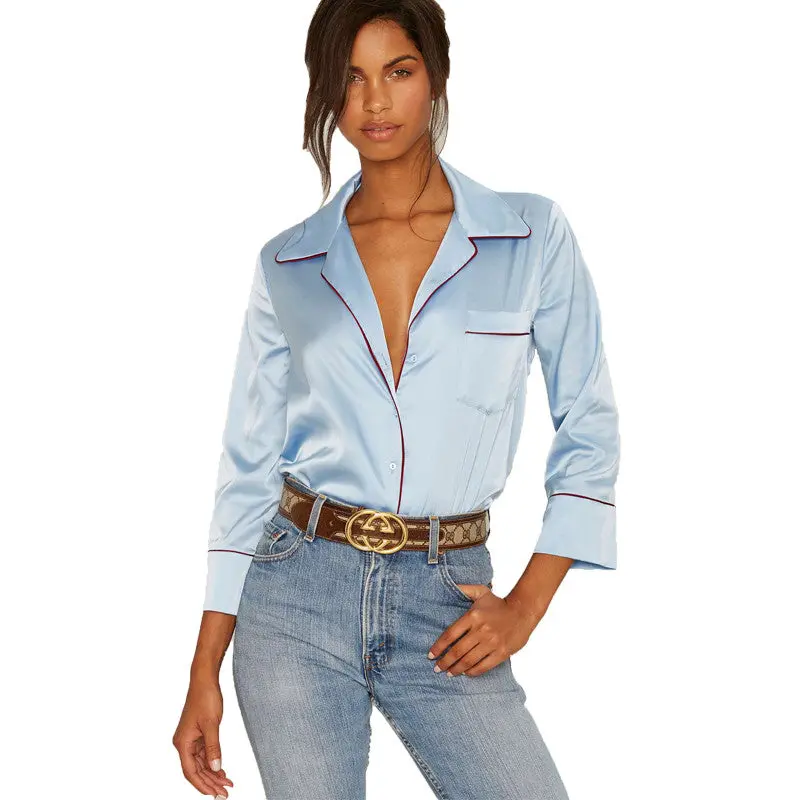 Pajama Style Blouses And Shirts Women Long Sleeve Turn Down Collar Blouse Imitate Silk Top Sexy Shirt 2