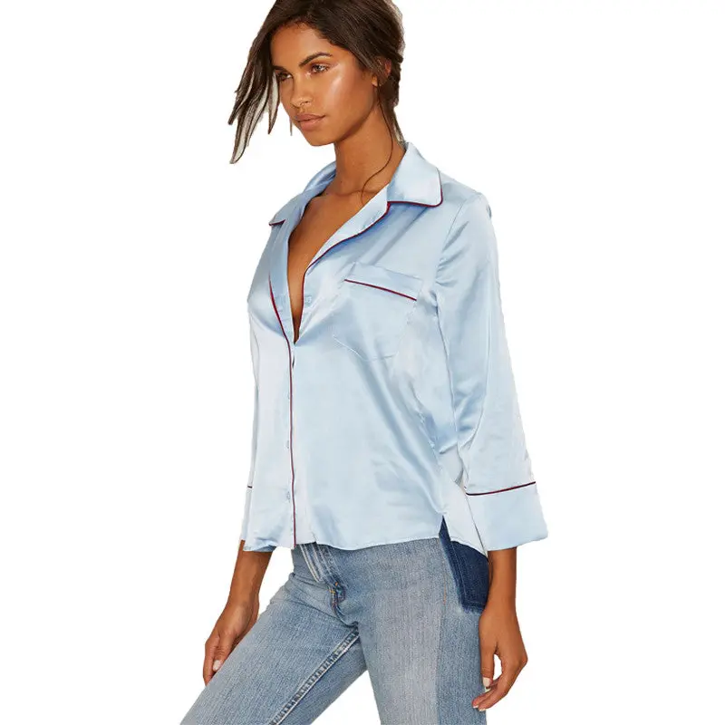 Pajama Style Blouses And Shirts Women Long Sleeve Turn Down Collar Blouse Imitate Silk Top Sexy Shirt 3