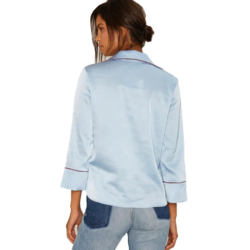 Pajama Style Blouses And Shirts Women Long Sleeve Turn Down Collar Blouse Imitate Silk Top Sexy Shirt 4