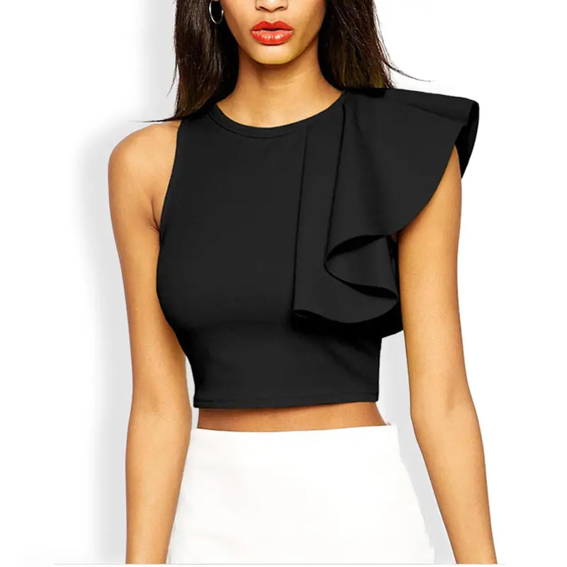 Party Black Tank Tops For Ruffles Back Zipper Sleeveless Crop Top Crochet Short T-Shirt Vest Top 1