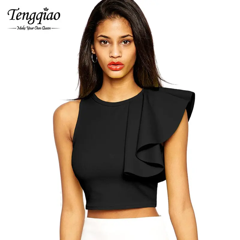 Party Black Tank Tops For Ruffles Back Zipper Sleeveless Crop Top Crochet Short T-Shirt Vest Top 6