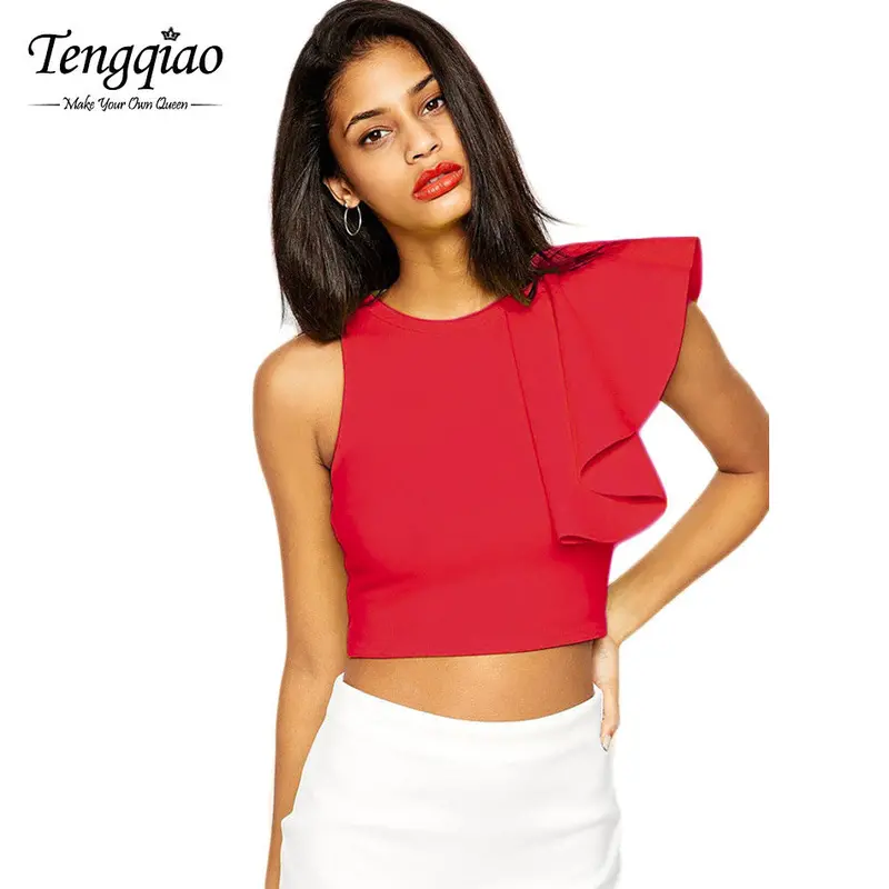 Party Black Tank Tops For Ruffles Back Zipper Sleeveless Crop Top Crochet Short T-Shirt Vest Top 7