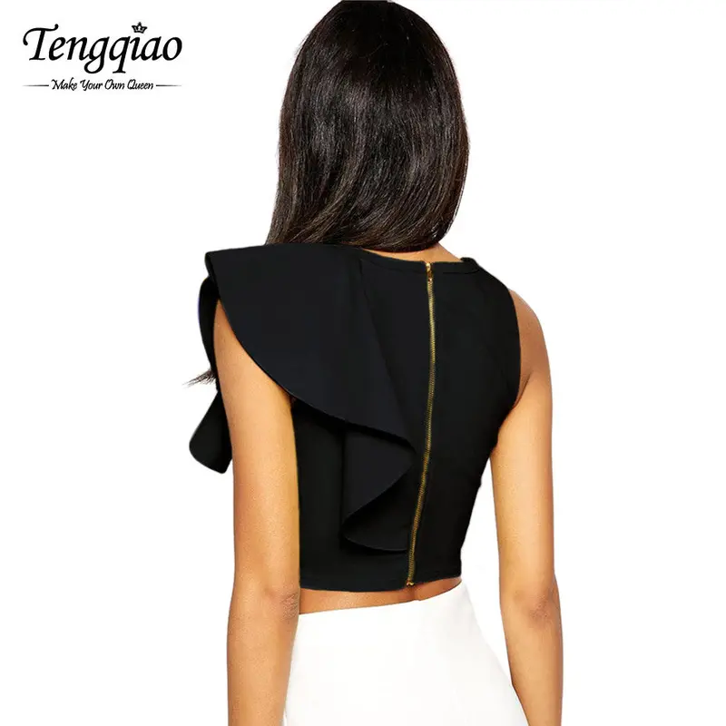 Party Black Tank Tops For Ruffles Back Zipper Sleeveless Crop Top Crochet Short T-Shirt Vest Top 7