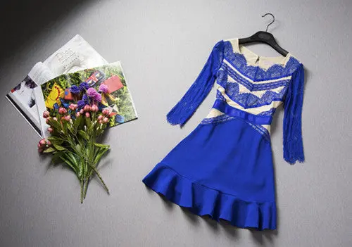 Party Queen Women's Sexy Blue Eyelash Lace Dress O-Neck 3/4 Sleeve Fitted Ruffles Hem Short Dress 1